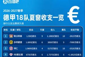 德甲收支:勒沃库森支出1.59亿第1多特第2拜仁第3 莱比锡净收1亿