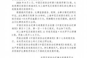 足协官方:米内罗足协杯踢毛伟杰腿部,停赛3场罚款1.5万元